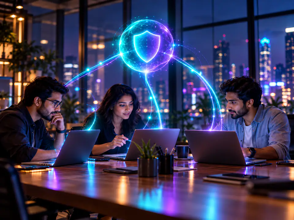 A team collaborating in a glass-walled office, their laptops linked by light trails to a central glowing shield