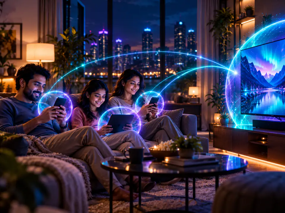 A family relaxing on a sofa at night, each phone, tablet and laptop surrounded by its own protective halo