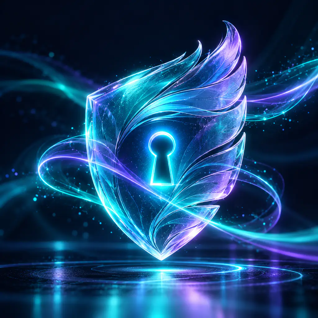 A glass shield shaped like a feather with a glowing keyhole at its centre
