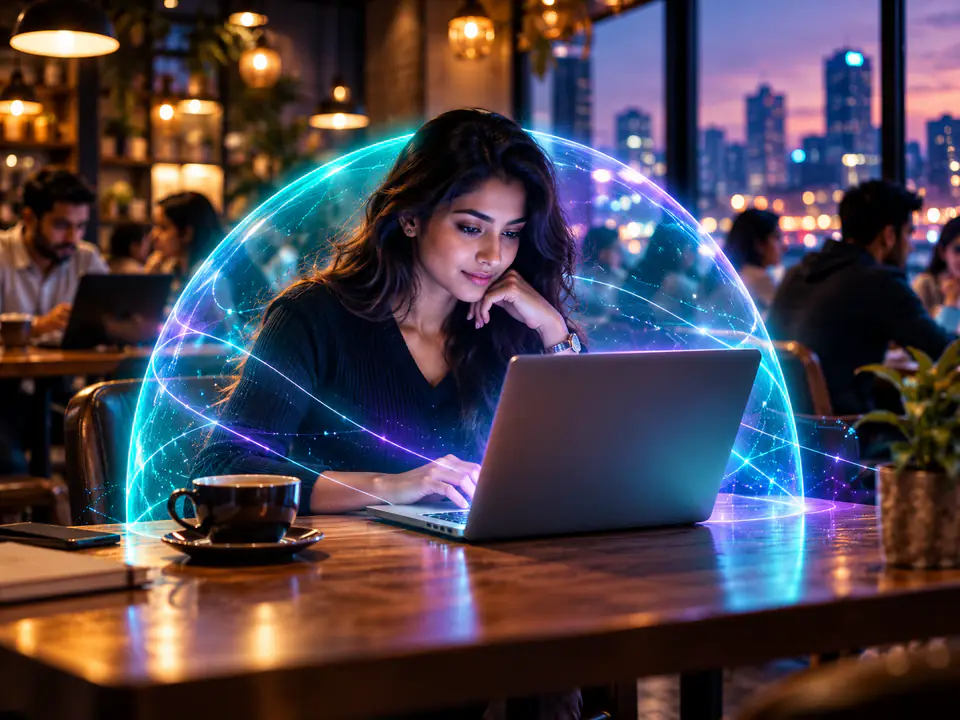A woman works on her laptop in a busy café at twilight, wrapped in a glowing shield bubble that keeps her public Wi-Fi connection private